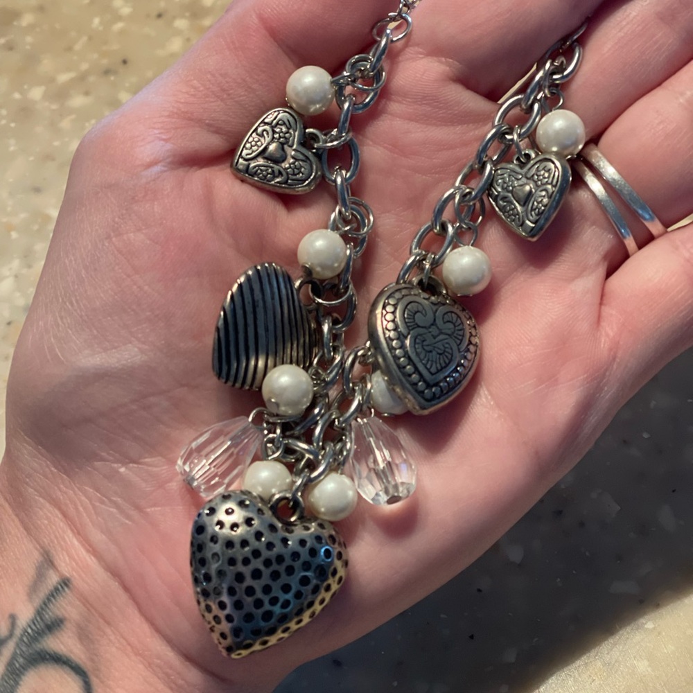 Heart Charm Bracelet with Pearls and Crystals